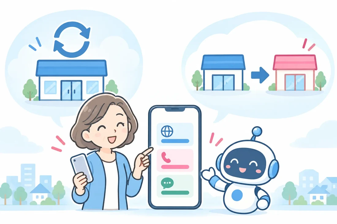 女性の案内役と青いロボットが、今の会社でのプラン変更と他社への乗り換えを案内するイラスト